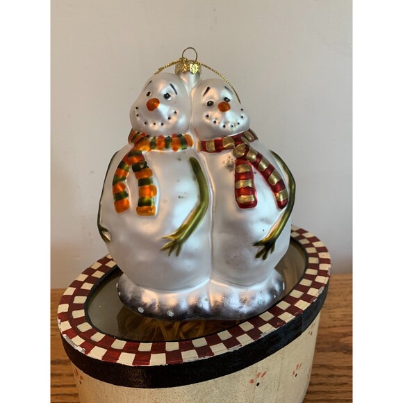 VTG 90s Primitive Snowman Couple Blown Glass Hand Painted Ornament w Box Xmas - Picture 3 of 16